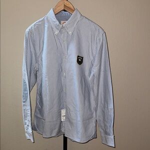 Brooks Brothers Red Fleece Patch & Elbow Pads Blue Striped Shirt Men’s Size M